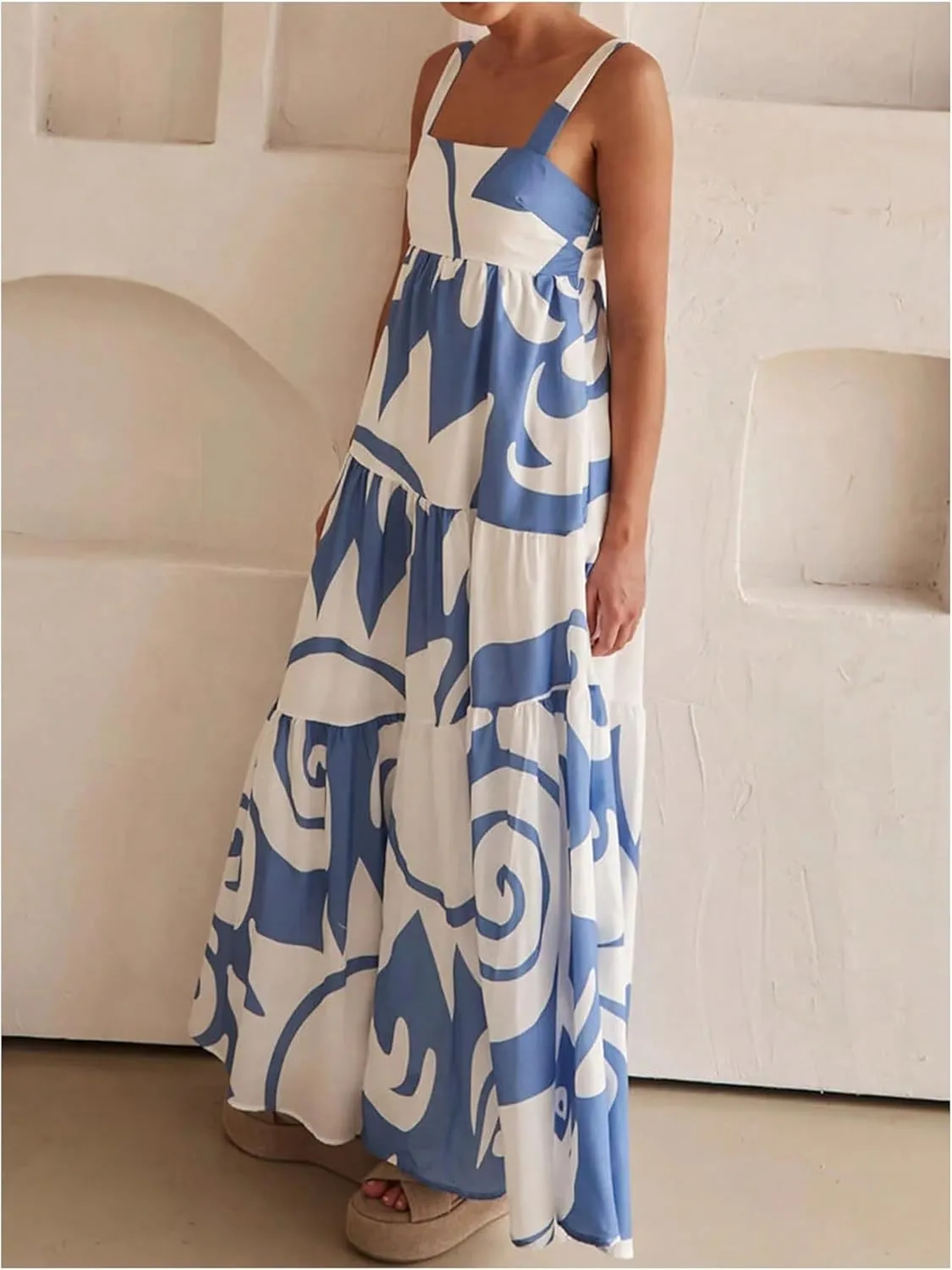 SHENHE Women's Tiered Boho Maxi Dress Patterned Flowy Dress Smocked Ruffle Summer Vacation
