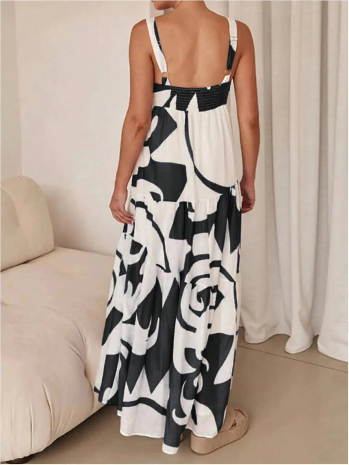 SHENHE Women's Tiered Boho Maxi Dress Patterned Flowy Dress Smocked Ruffle Summer Vacation