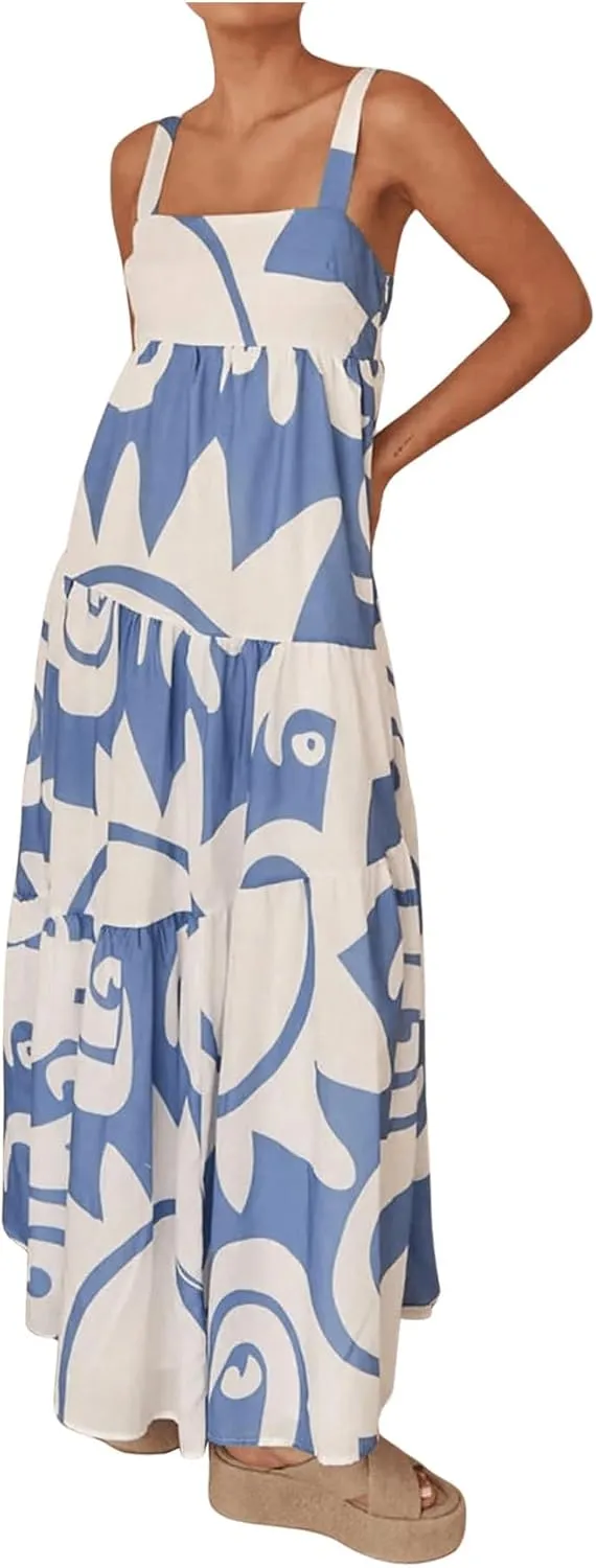 SHENHE Women's Tiered Boho Maxi Dress Patterned Flowy Dress Smocked Ruffle Summer Vacation
