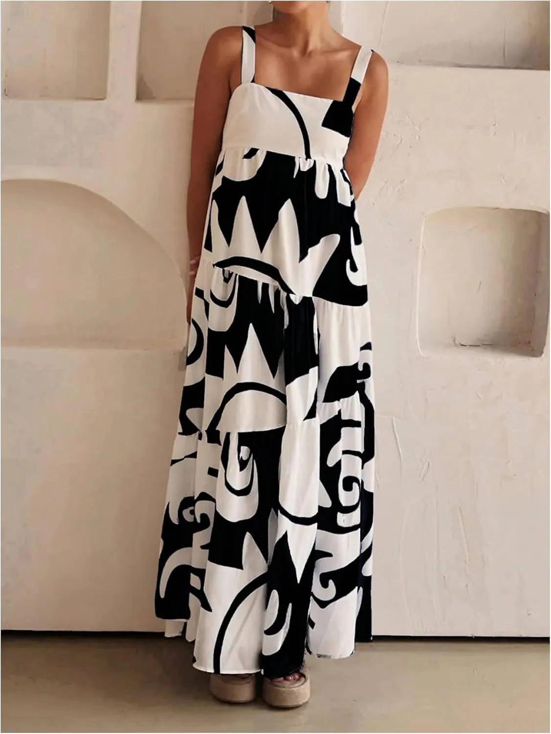 SHENHE Women's Tiered Boho Maxi Dress Patterned Flowy Dress Smocked Ruffle Summer Vacation