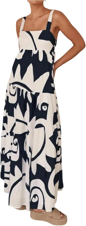 SHENHE Women's Tiered Boho Maxi Dress Patterned Flowy Dress Smocked Ruffle Summer Vacation