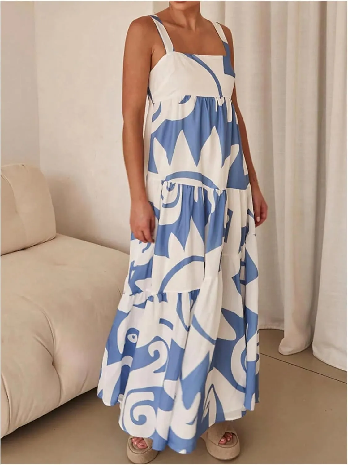 SHENHE Women's Tiered Boho Maxi Dress Patterned Flowy Dress Smocked Ruffle Summer Vacation