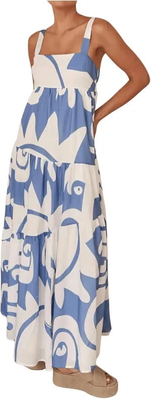 SHENHE Women's Tiered Boho Maxi Dress Patterned Flowy Dress Smocked Ruffle Summer Vacation