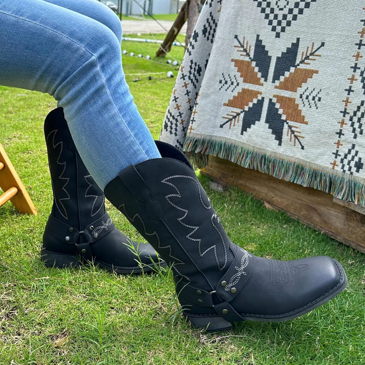 SheSole Ladies Fashion Strap Cowboy Boots for Women Square Toe Mid Calf Western Cowgirl Boots