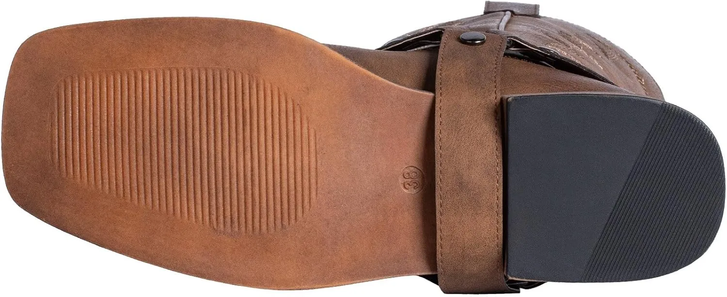 SheSole Ladies Fashion Strap Cowboy Boots for Women Square Toe Mid Calf Western Cowgirl Boots
