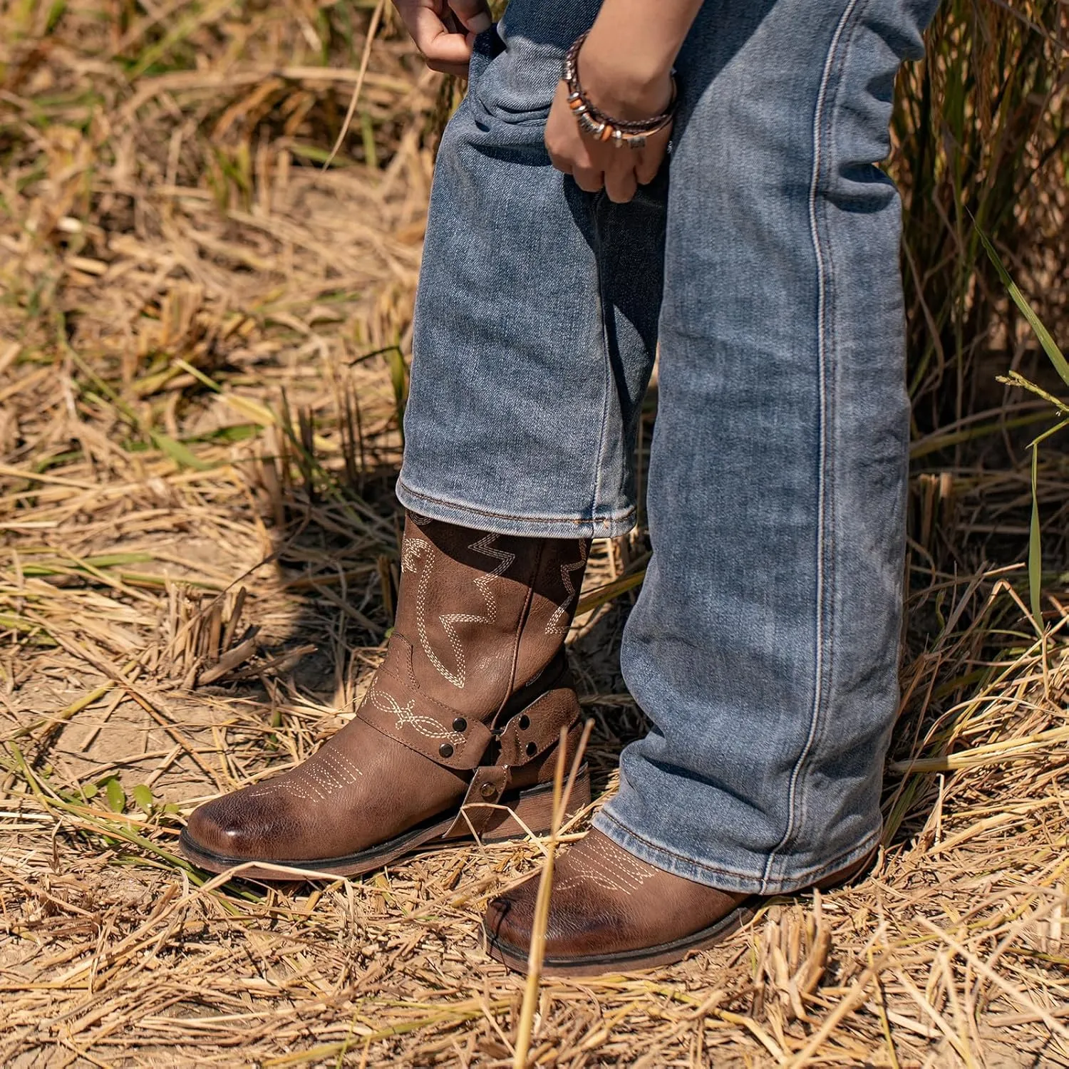 SheSole Ladies Fashion Strap Cowboy Boots for Women Square Toe Mid Calf Western Cowgirl Boots