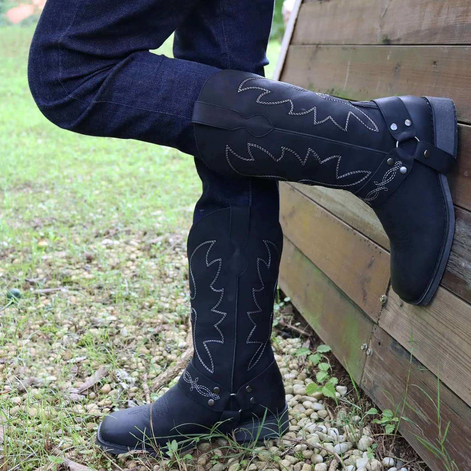 SheSole Ladies Fashion Strap Cowboy Boots for Women Square Toe Mid Calf Western Cowgirl Boots