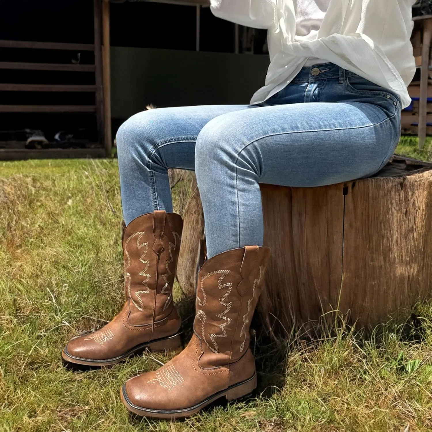 SheSole Ladies Fashion Strap Cowboy Boots for Women Square Toe Mid Calf Western Cowgirl Boots