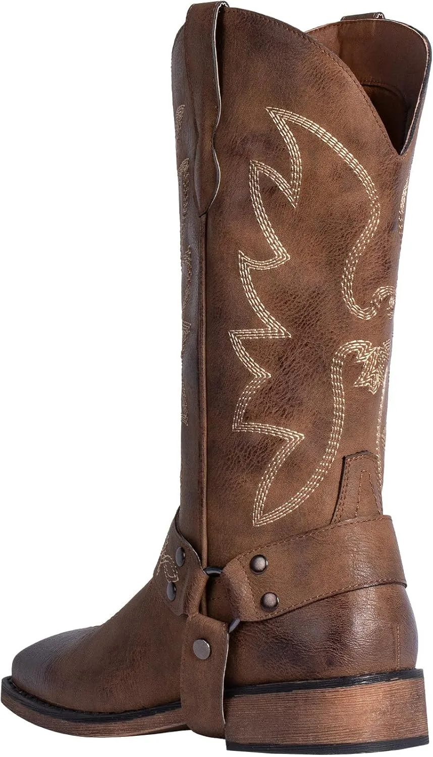 SheSole Ladies Fashion Strap Cowboy Boots for Women Square Toe Mid Calf Western Cowgirl Boots