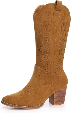 SHIBEVER Cowboy Boots for Women Mid: Black Wide Calf Cowgirl Boots Western Embroidered Country High Heel Round Toe Booties Size