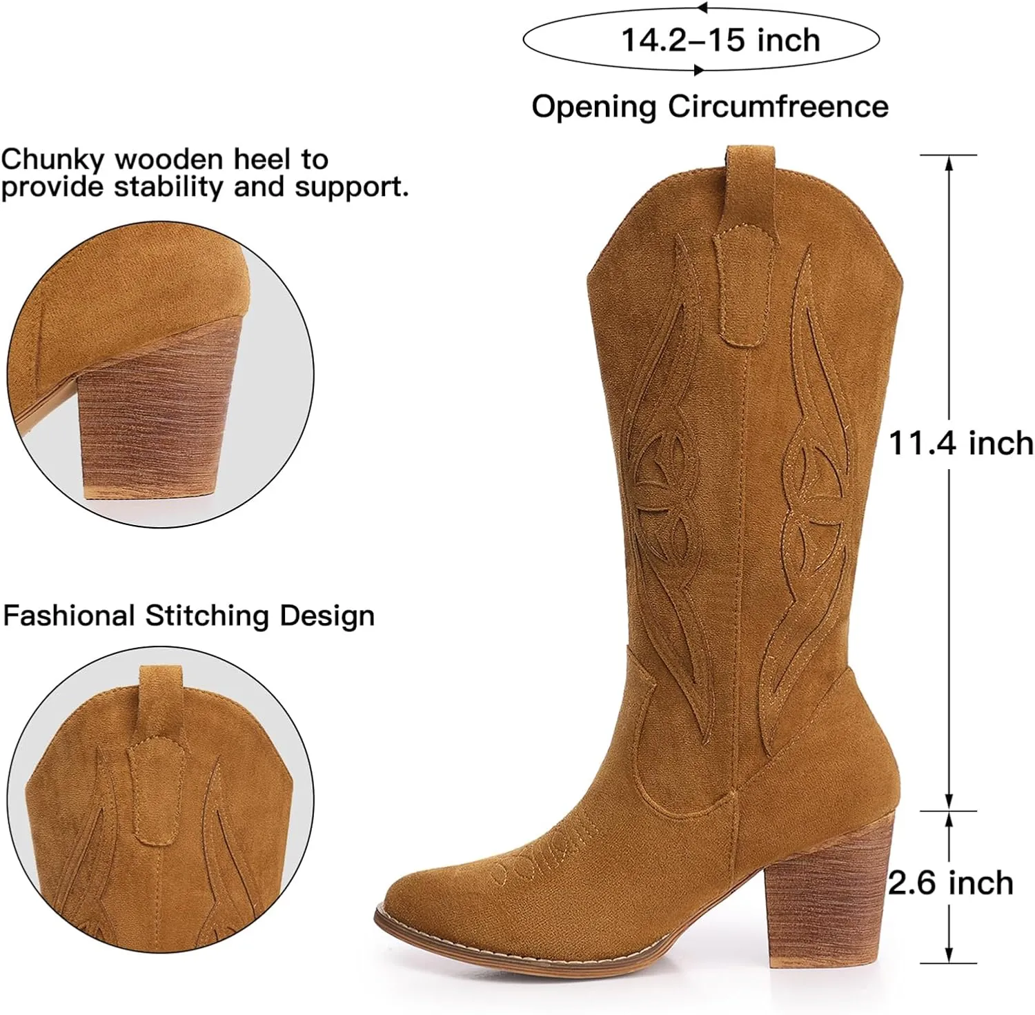 SHIBEVER Cowboy Boots for Women Mid: Black Wide Calf Cowgirl Boots Western Embroidered Country High Heel Round Toe Booties Size