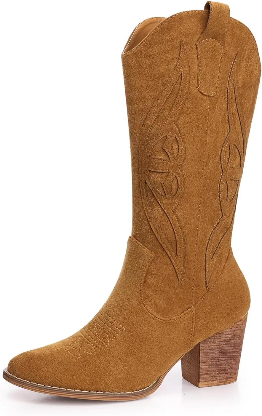 SHIBEVER Cowboy Boots for Women Mid: Black Wide Calf Cowgirl Boots Western Embroidered Country High Heel Round Toe Booties Size