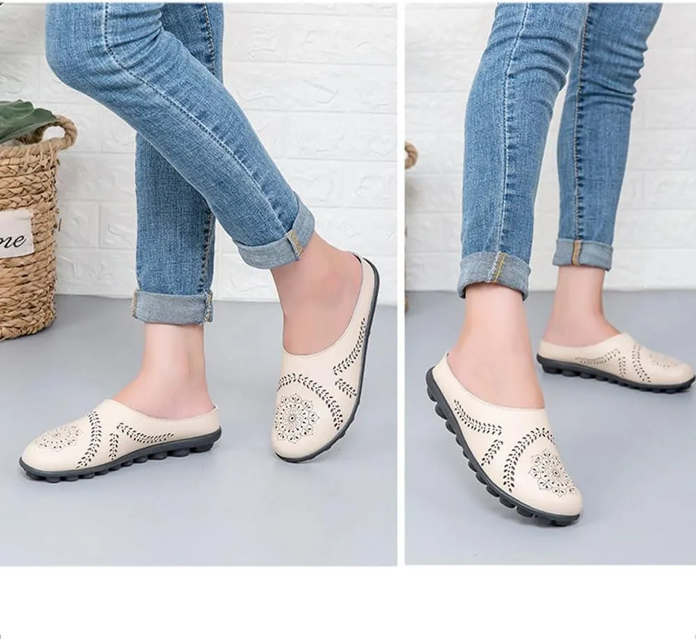 Shoes for Women Casual All-Match Hollow Slippers Slip On Sandals Orthopedic All-Match Breathable Flats Summer Slip-on Slides Flat Loafers Round Toe Non-Slip Softsole Lightweight Mule Sandals