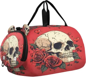 Skull with Roses Youth Sports & Travel Duffle Bag with Shoe Compartment,Waterproof Gym Bag for Girls and Boys (Overnight Essentials Organizer)