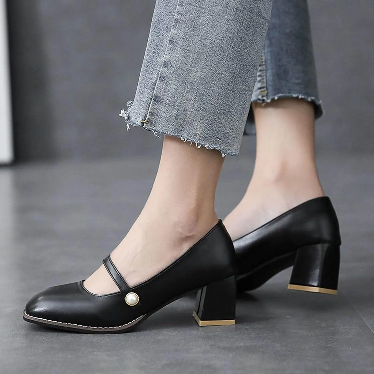 Slingback Shoe High Heeled Thick Mouth Fashion Square Toe Shoes Shallow Pearl Breasted Women's Neutral Wedges for Women