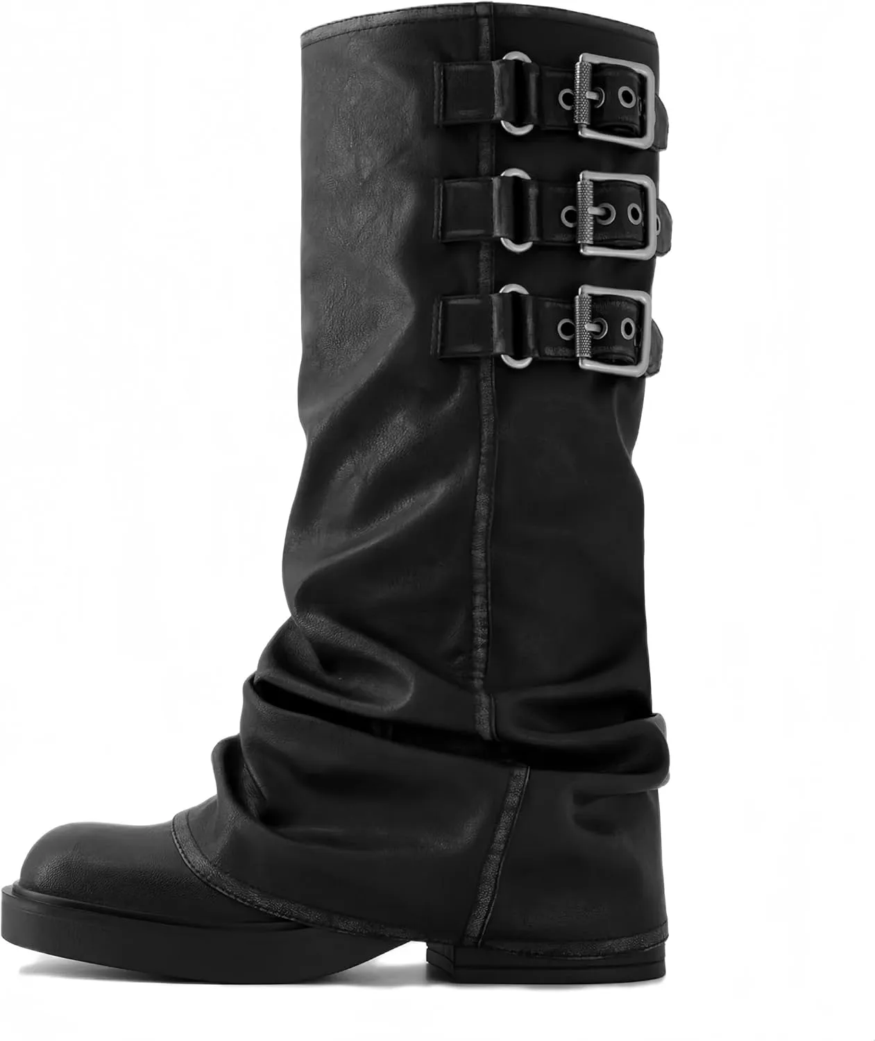 Slouchy Fold Over Motorcycle Riding Boots With Buckle Women's Wide Mid Calf Casual Comfortable Moto Biker Boots