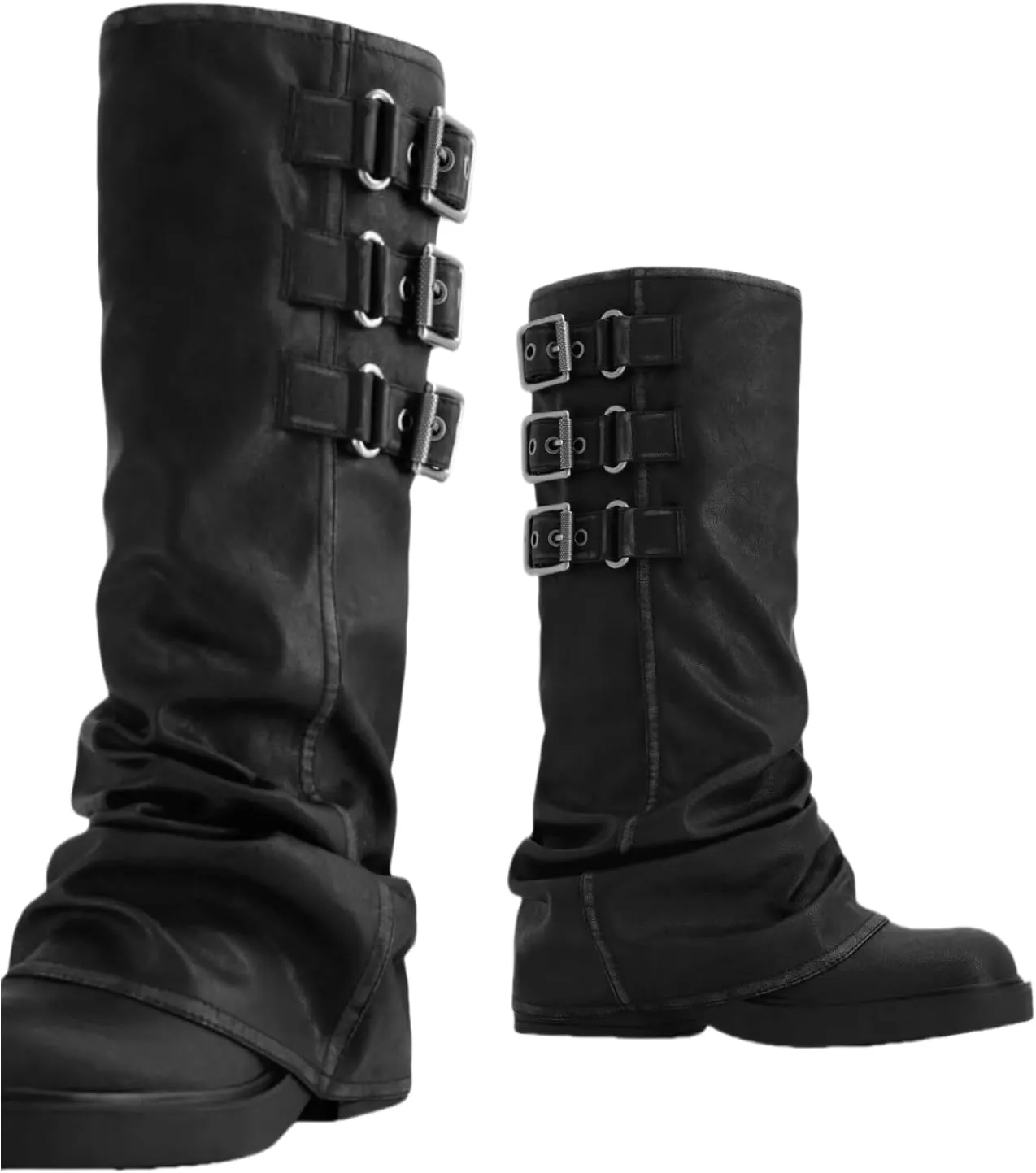 Slouchy Fold Over Motorcycle Riding Boots With Buckle Women's Wide Mid Calf Casual Comfortable Moto Biker Boots