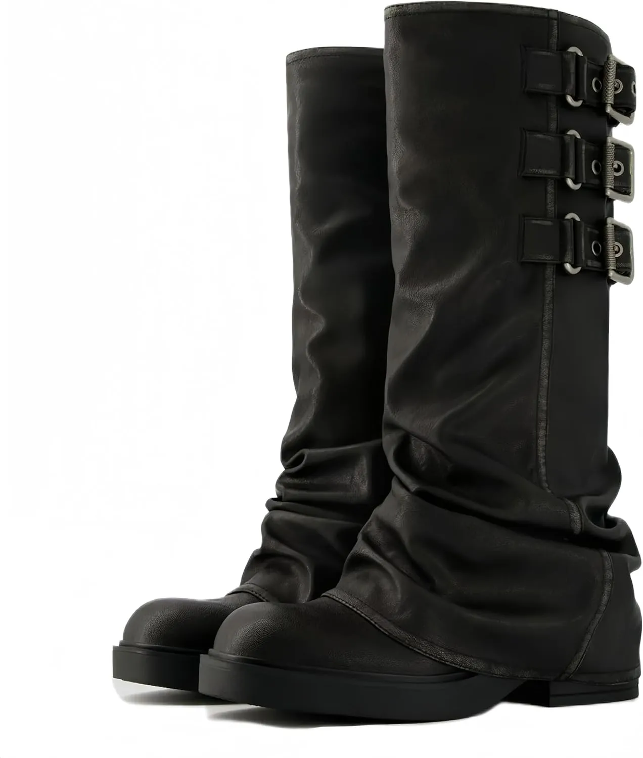 Slouchy Fold Over Motorcycle Riding Boots With Buckle Women's Wide Mid Calf Casual Comfortable Moto Biker Boots