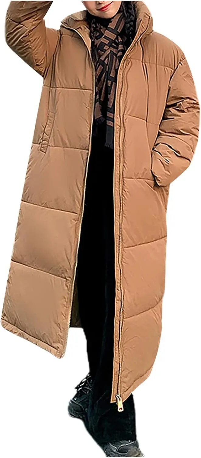 SMIDOW Long Puffer Coat For Women Warm Winter Quilted Coats Stand Collar Full Zip Ip Padded Maxi Puffer Jackets Outerwear