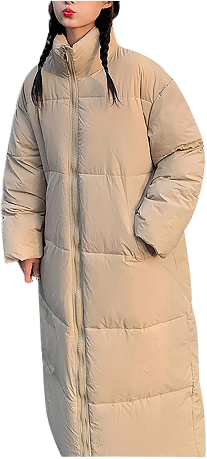 SMIDOW Long Puffer Coat For Women Warm Winter Quilted Coats Stand Collar Full Zip Ip Padded Maxi Puffer Jackets Outerwear