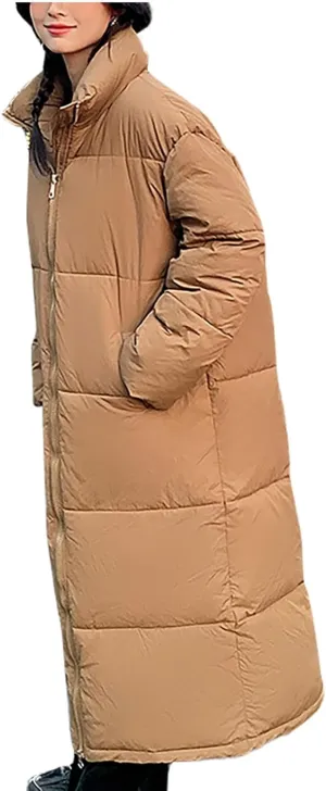 SMIDOW Long Puffer Coat For Women Warm Winter Quilted Coats Stand Collar Full Zip Ip Padded Maxi Puffer Jackets Outerwear