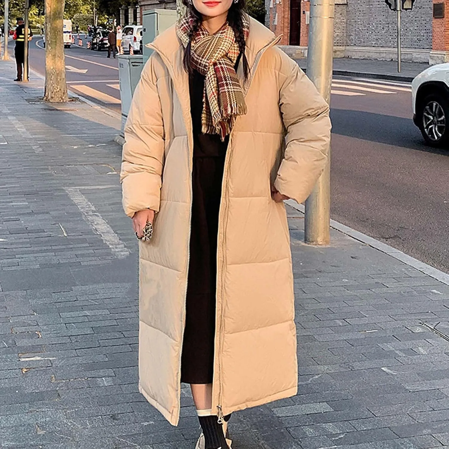 SMIDOW Long Puffer Coat For Women Warm Winter Quilted Coats Stand Collar Full Zip Ip Padded Maxi Puffer Jackets Outerwear