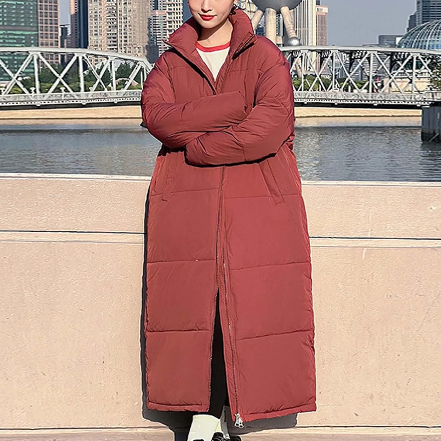 SMIDOW Long Puffer Coat For Women Warm Winter Quilted Coats Stand Collar Full Zip Ip Padded Maxi Puffer Jackets Outerwear