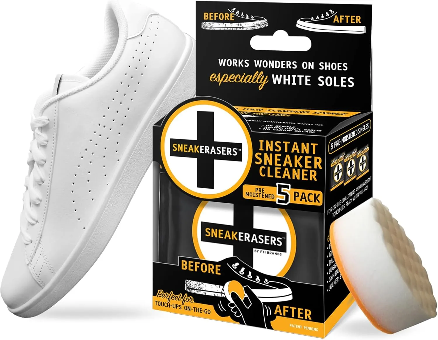 SneakERASERS Instant Sneaker Cleaner Sponge, Effective Shoe Cleaning for White Sneakers, Tennis Shoes - Pre-Moistened, Portable Shoe Cleaner, Perfect for Smooth Soles and Midsoles, 5 Pack