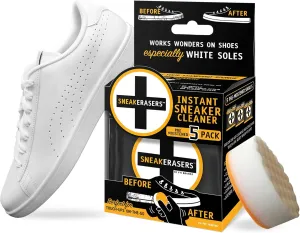 SneakERASERS Instant Sneaker Cleaner Sponge, Effective Shoe Cleaning for White Sneakers, Tennis Shoes - Pre-Moistened, Portable Shoe Cleaner, Perfect for Smooth Soles and Midsoles, 5 Pack