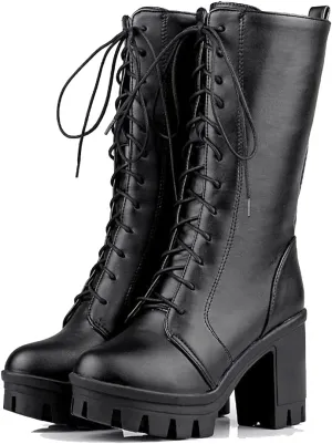 SO SIMPOK Women's Lace Up Punk Chunky Block Heel Platform Boots Mid Calf Boots Party Motorcycle Riding Combat Boots