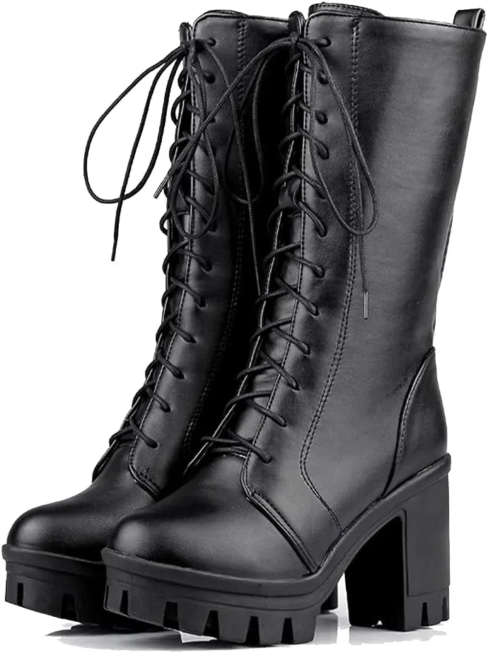 SO SIMPOK Women's Lace Up Punk Chunky Block Heel Platform Boots Mid Calf Boots Party Motorcycle Riding Combat Boots