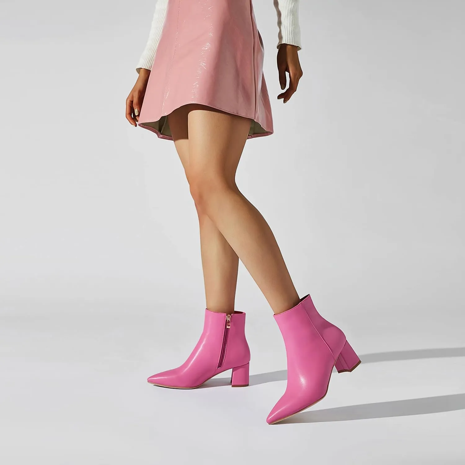 SoundSky Chunky Go Go Boots Women Pointed Toe Ankle Boots Block Heel Side Zipper High Heel Short Booties