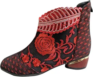 Sparkly Rhinestones Ankle Boots for Women Chunky Heel Vintage Pointed Toe Flower Embroidery Hollow Slip on Mid Heel Booties Retro Casual Ladies Shoes