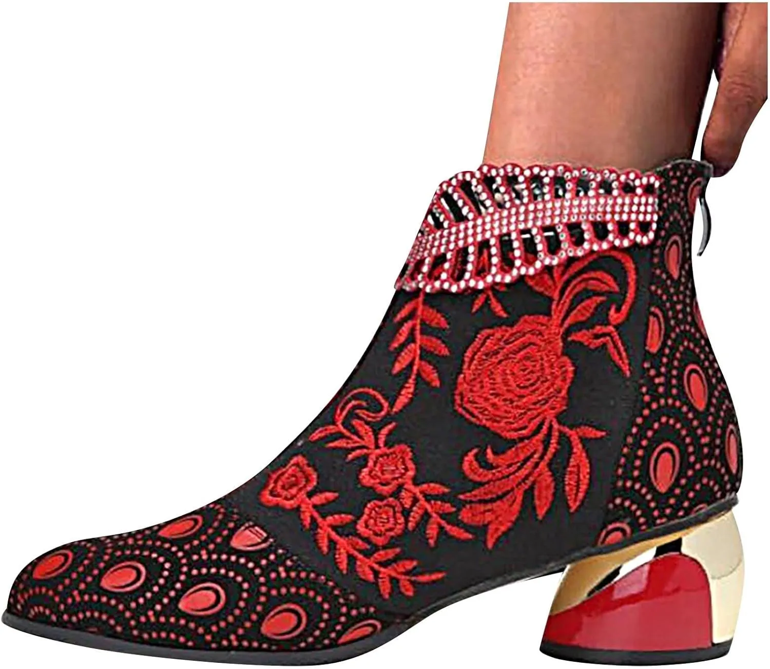Sparkly Rhinestones Ankle Boots for Women Chunky Heel Vintage Pointed Toe Flower Embroidery Hollow Slip on Mid Heel Booties Retro Casual Ladies Shoes