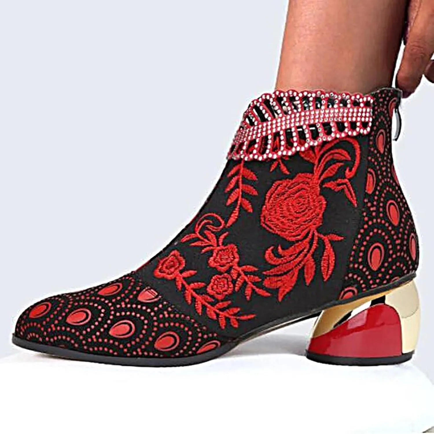 Sparkly Rhinestones Ankle Boots for Women Chunky Heel Vintage Pointed Toe Flower Embroidery Hollow Slip on Mid Heel Booties Retro Casual Ladies Shoes