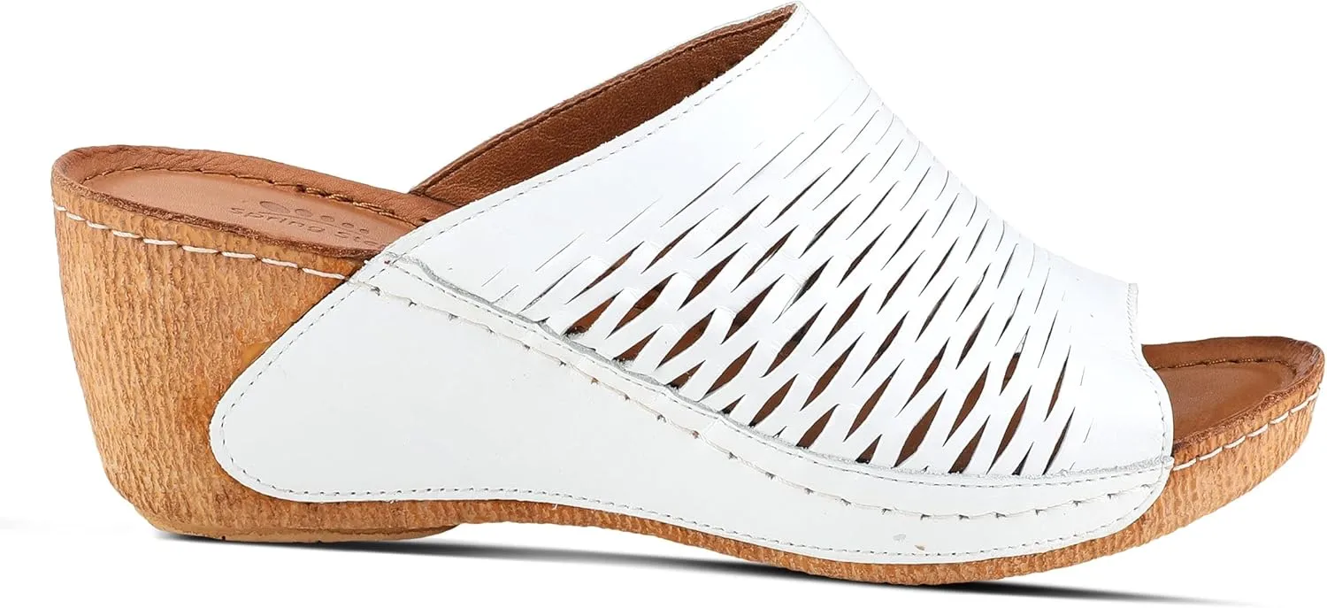 Spring Step Cunacena Women's Leather Slip On Wedge Sandal | Low Heel Sandals for Women with Die Cut Lattice, Stretch Upper, Breathable Lining