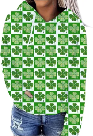 St. Patrick's Day Hoodies for Women Casual Long Sleeve Hooded Sweatshirts Novelty Clover Shamrock Print Pullover Tops