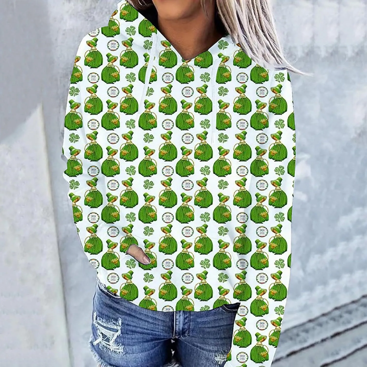 St. Patrick's Day Hoodies for Women Casual Long Sleeve Hooded Sweatshirts Novelty Clover Shamrock Print Pullover Tops