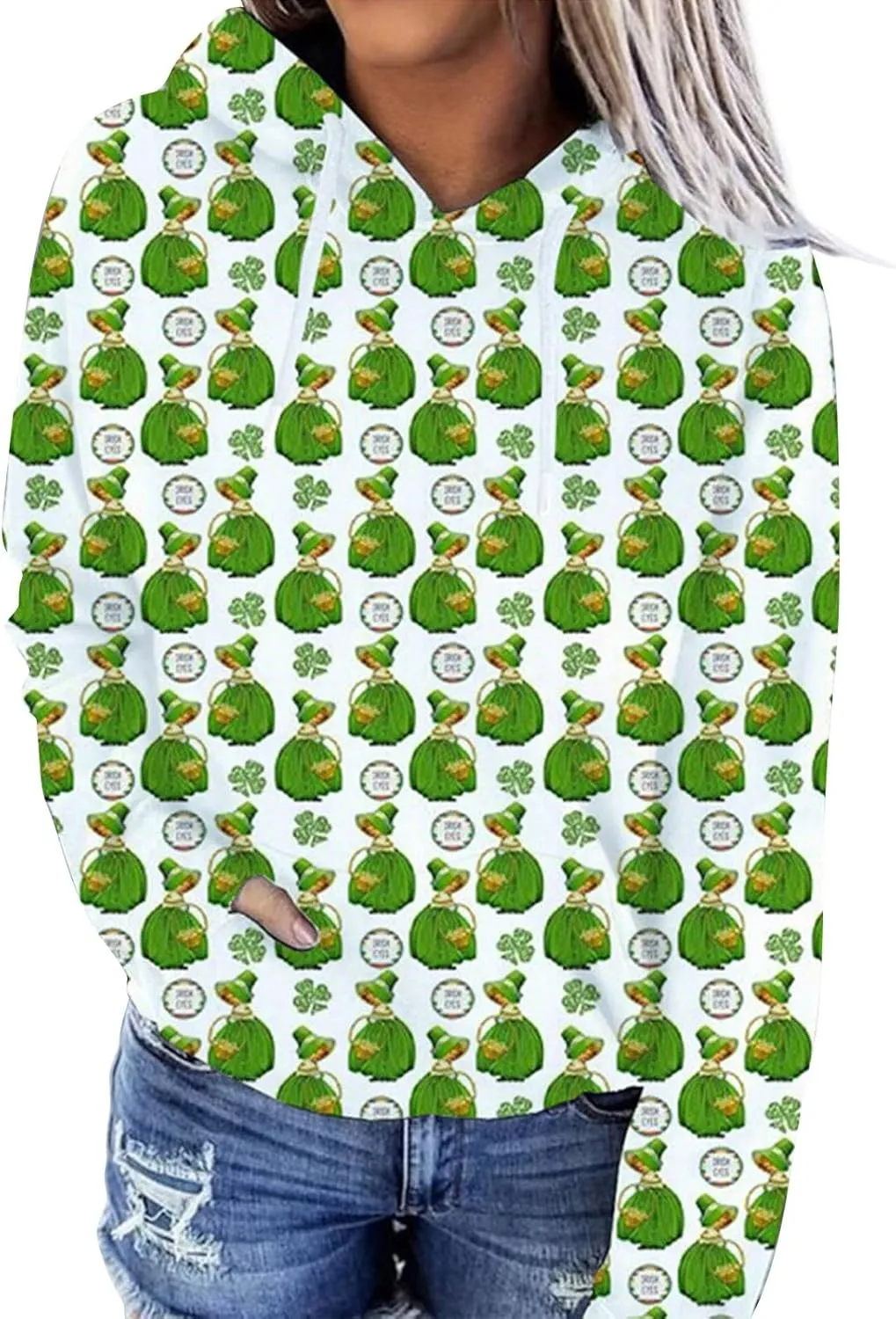 St. Patrick's Day Hoodies for Women Casual Long Sleeve Hooded Sweatshirts Novelty Clover Shamrock Print Pullover Tops