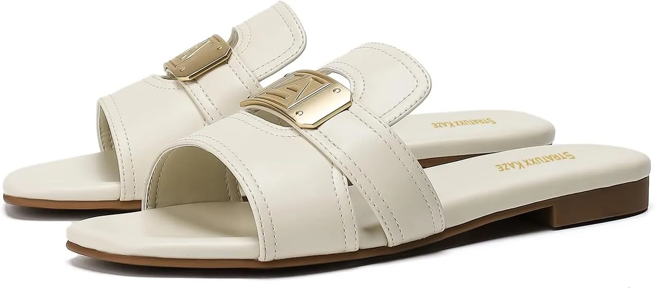 Stratuxx Kaze Women's Dressy Sandals Slip on Flat Summer Shoes Open Toe Slide Sandals for Women Size 5-11