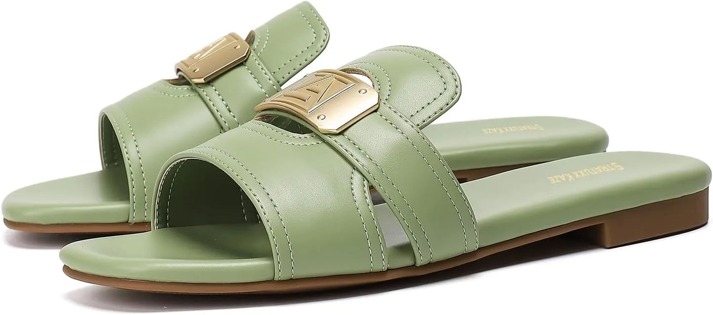 Stratuxx Kaze Women's Dressy Sandals Slip on Flat Summer Shoes Open Toe Slide Sandals for Women Size 5-11