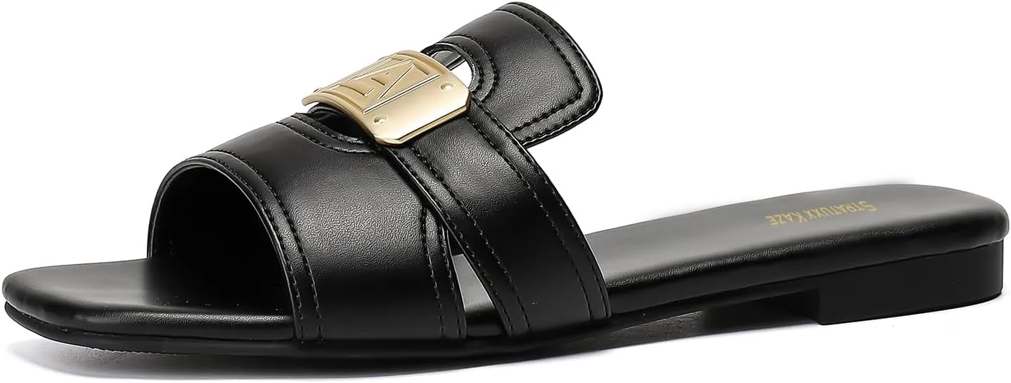 Stratuxx Kaze Women's Dressy Sandals Slip on Flat Summer Shoes Open Toe Slide Sandals for Women Size 5-11