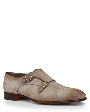 Suede Double Monk Strap Loafer in Beige