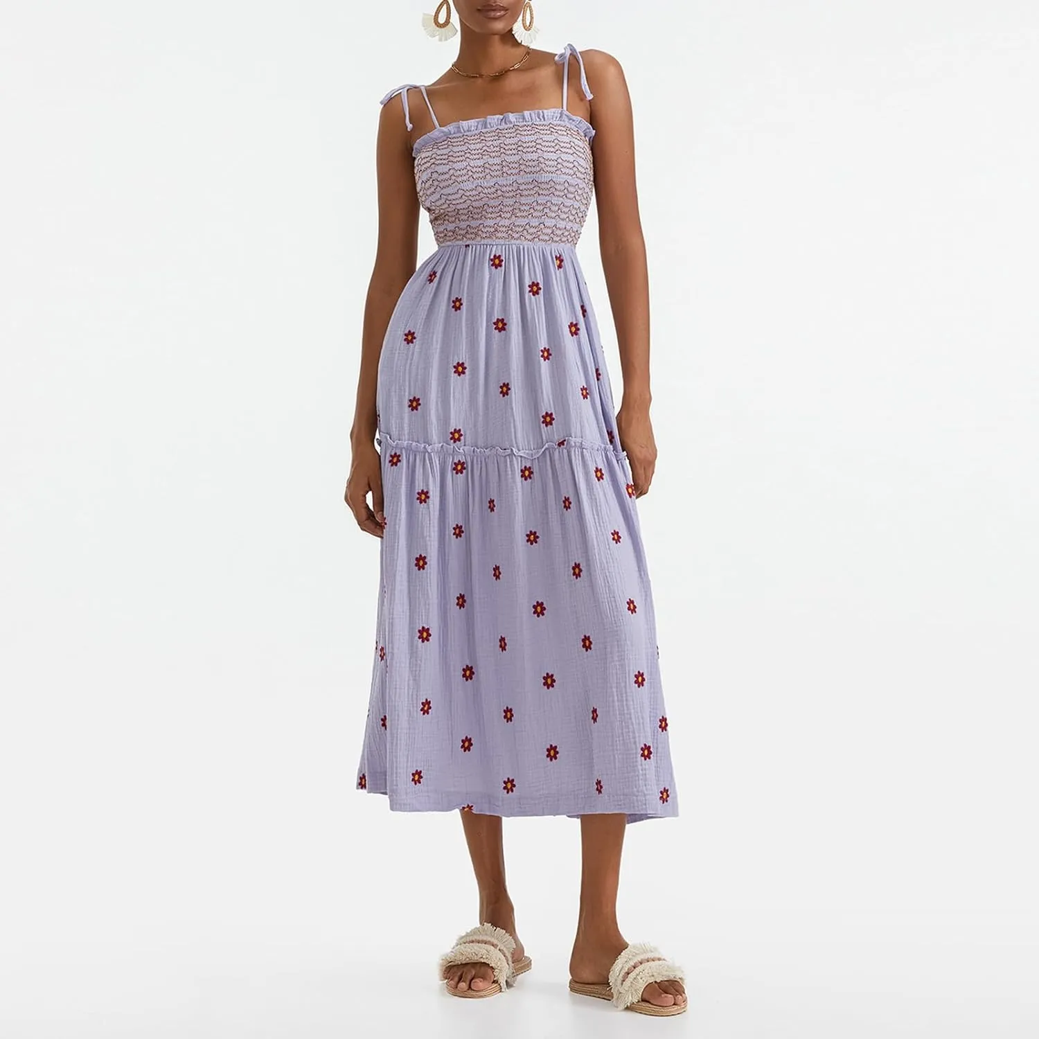 Summer Boho Maxi Dresses Sundresses for Women 2025 Floral Embroidered Tie Strap Smocked Ruffle Beach Long Dress