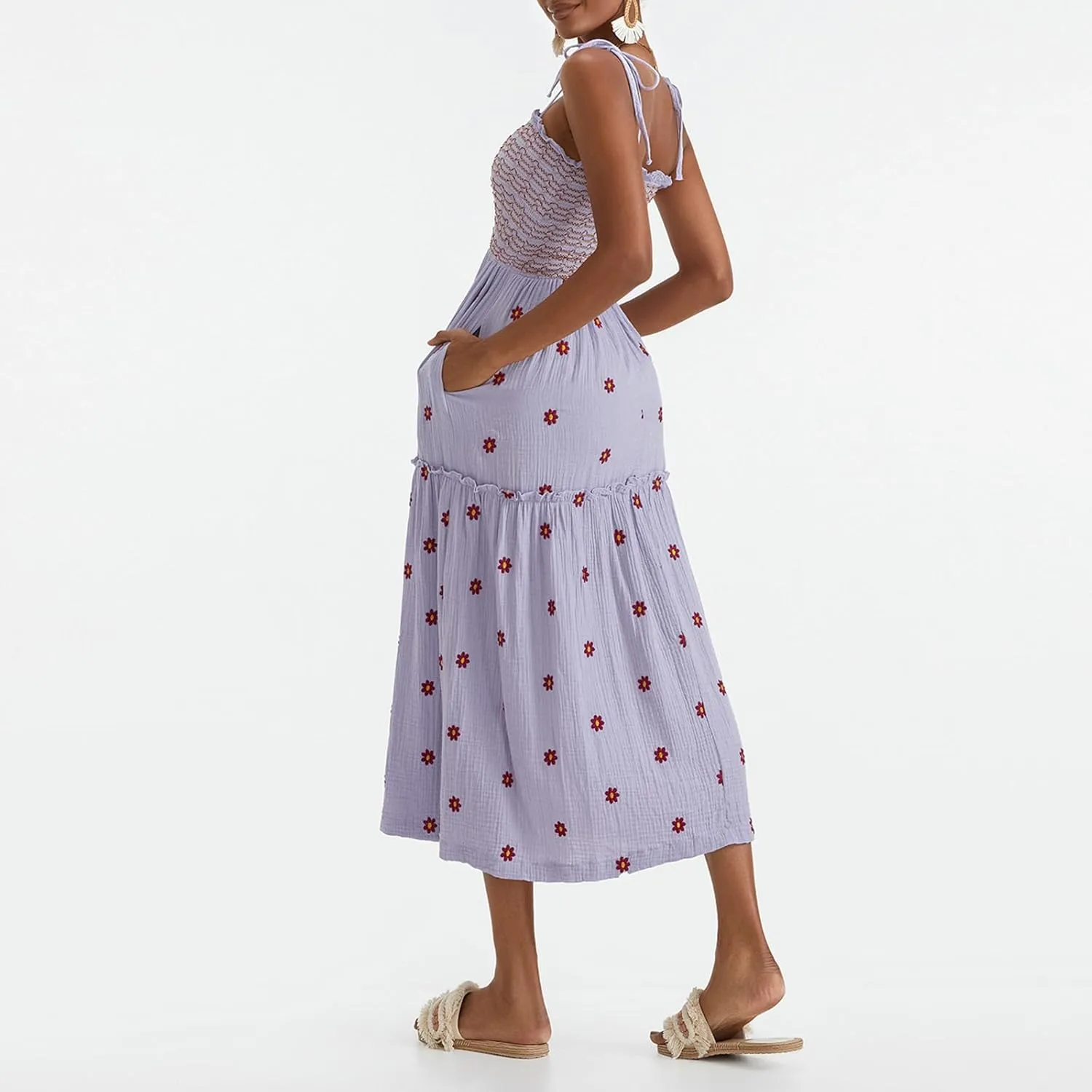 Summer Boho Maxi Dresses Sundresses for Women 2025 Floral Embroidered Tie Strap Smocked Ruffle Beach Long Dress