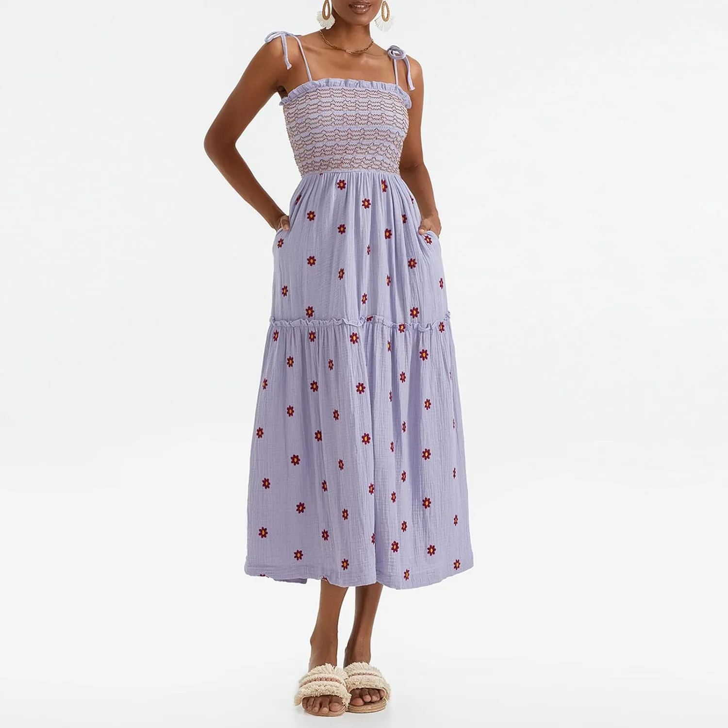 Summer Boho Maxi Dresses Sundresses for Women 2025 Floral Embroidered Tie Strap Smocked Ruffle Beach Long Dress