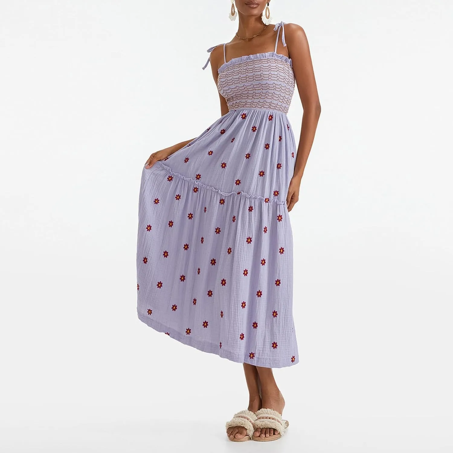 Summer Boho Maxi Dresses Sundresses for Women 2025 Floral Embroidered Tie Strap Smocked Ruffle Beach Long Dress