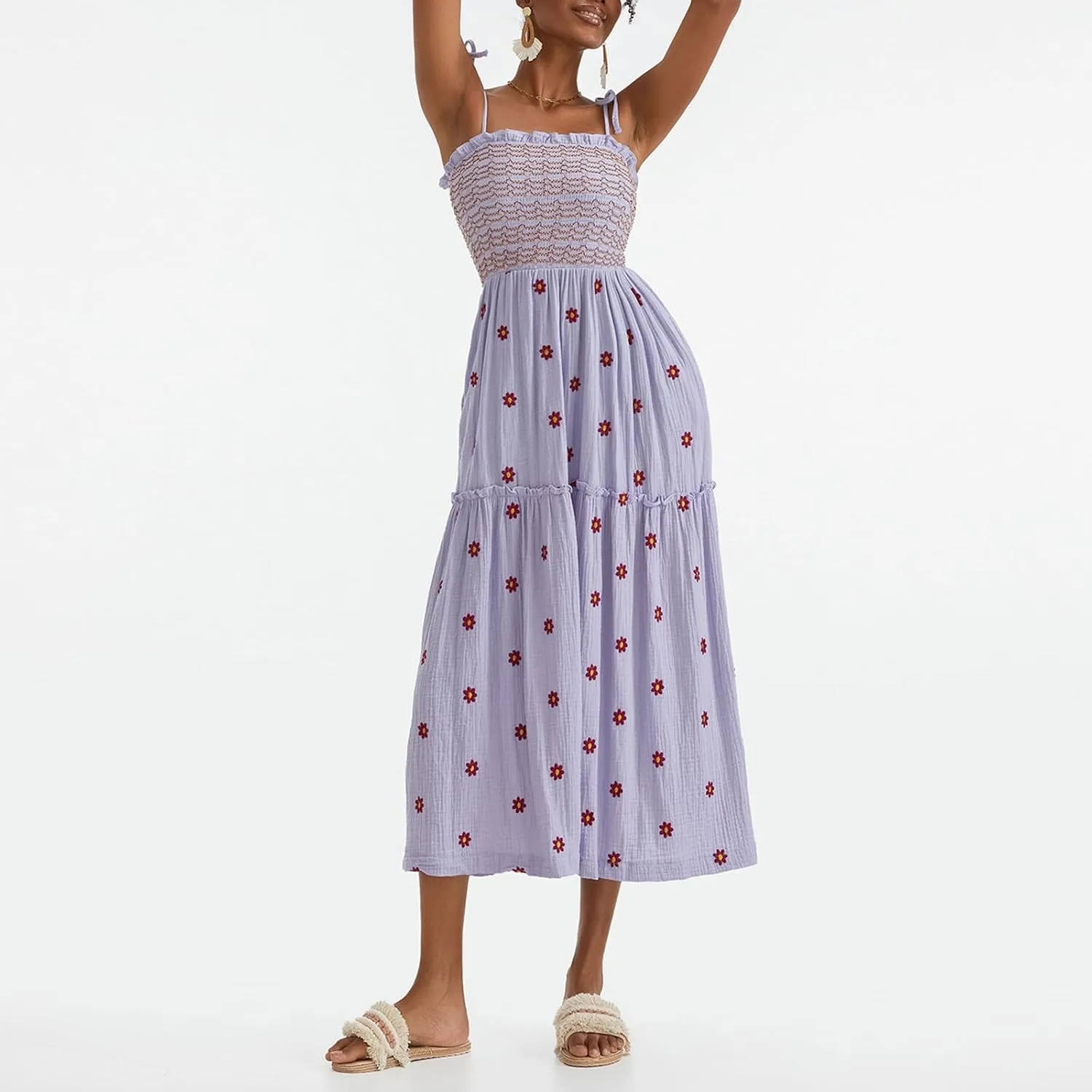 Summer Boho Maxi Dresses Sundresses for Women 2025 Floral Embroidered Tie Strap Smocked Ruffle Beach Long Dress