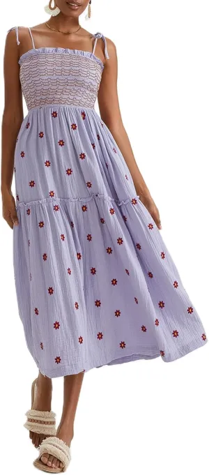 Summer Boho Maxi Dresses Sundresses for Women 2025 Floral Embroidered Tie Strap Smocked Ruffle Beach Long Dress