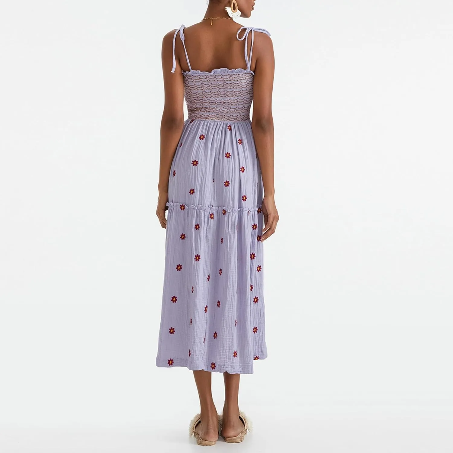 Summer Boho Maxi Dresses Sundresses for Women 2025 Floral Embroidered Tie Strap Smocked Ruffle Beach Long Dress
